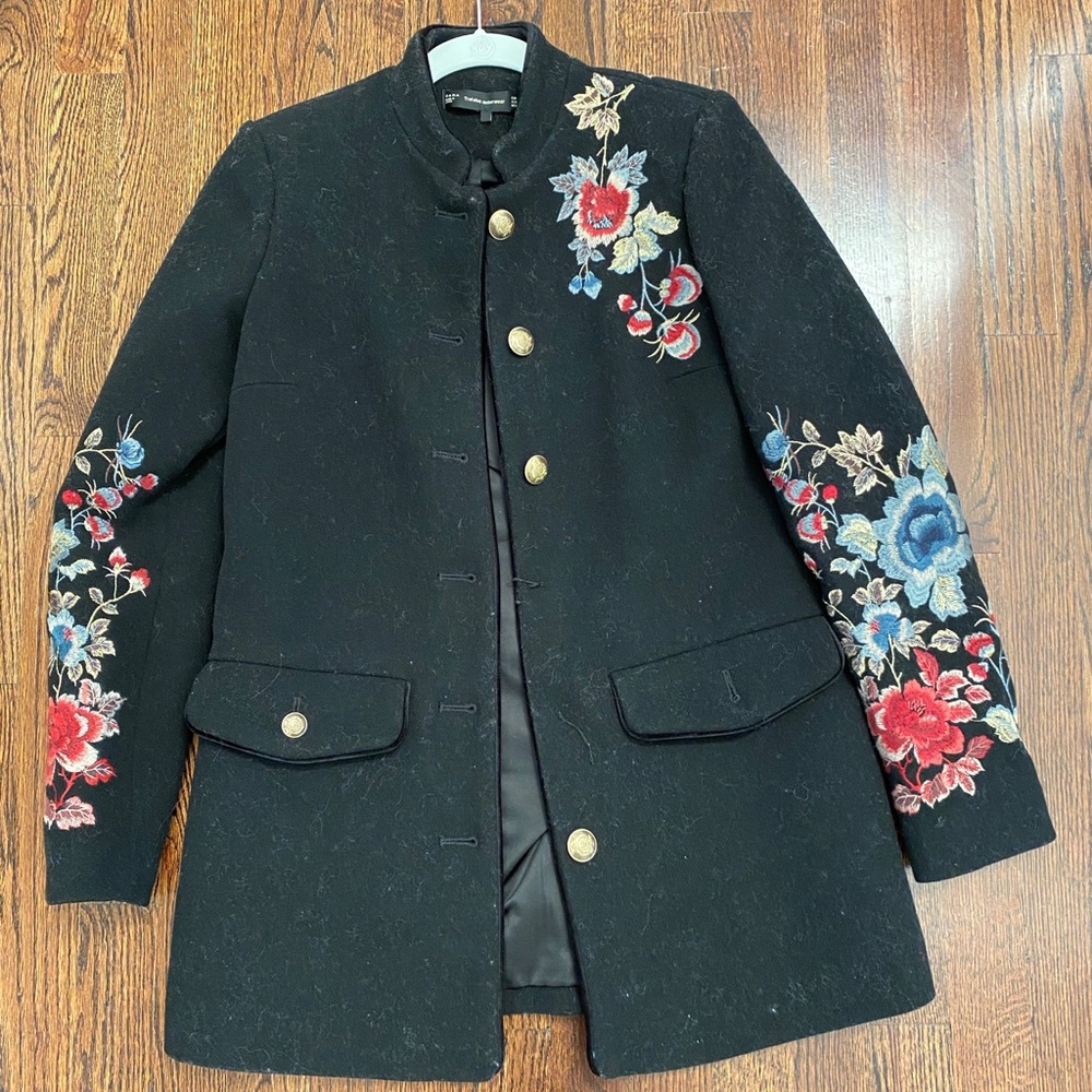 Zara embroidered black peacoat